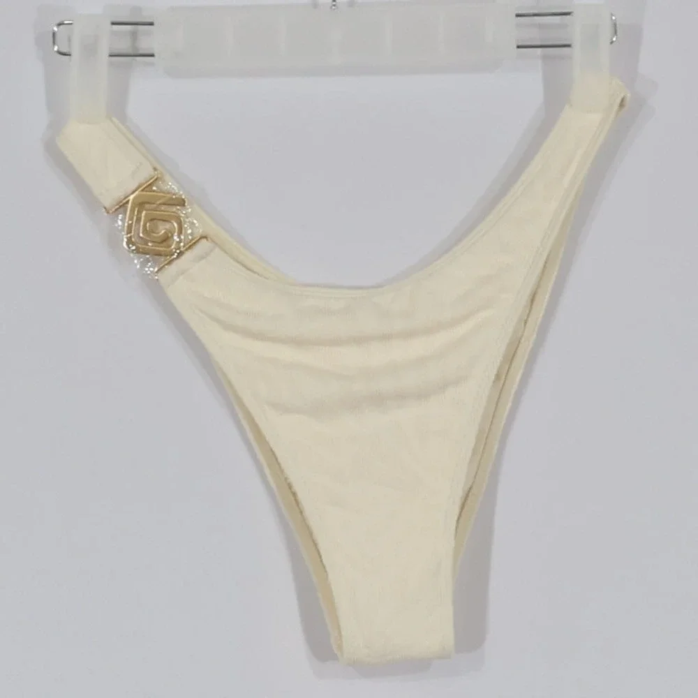 LSpace Aziza Bikini Bottom Women M Cream High Leg Bitsy Cut Gold Hardware $99NWT